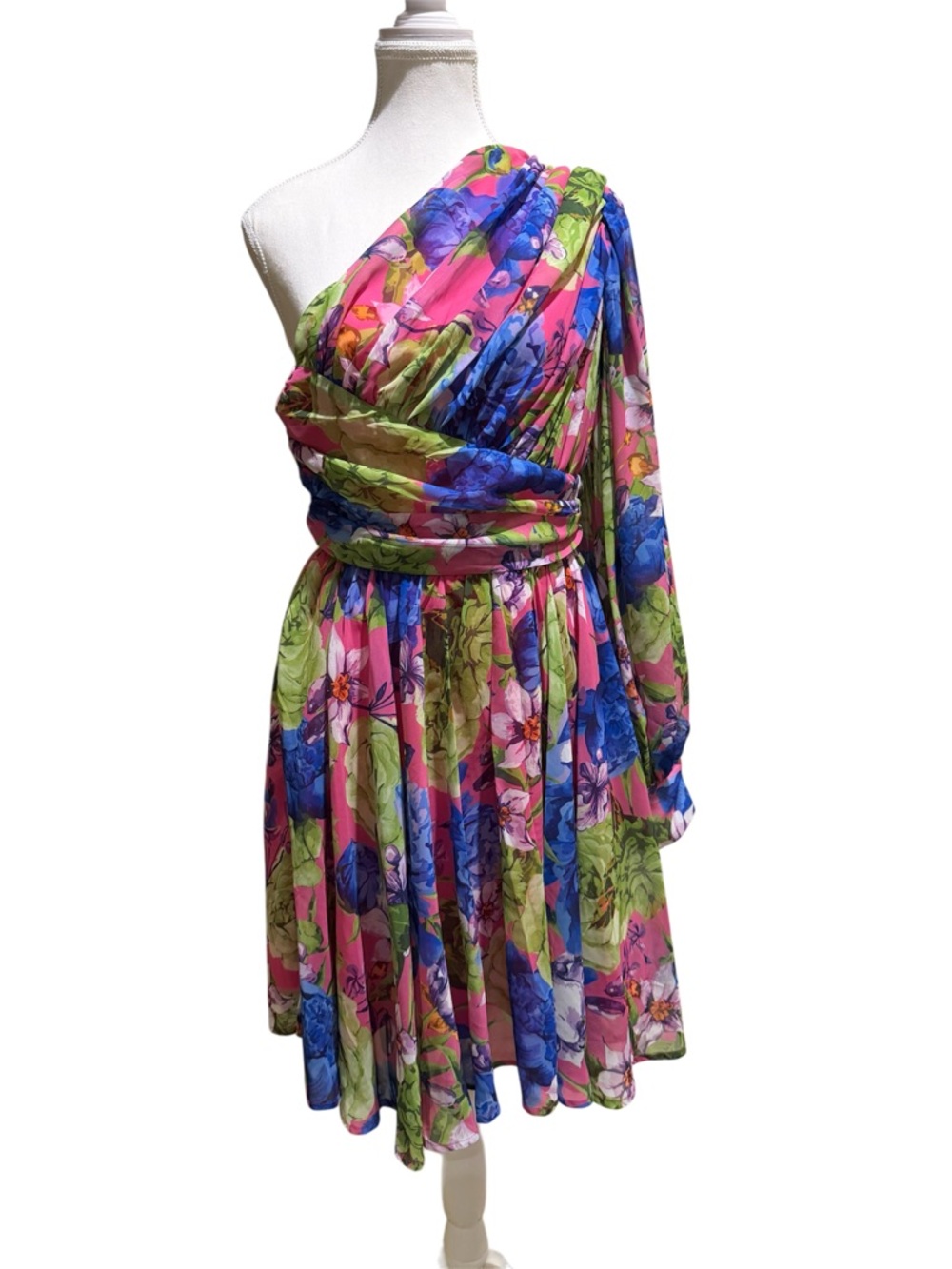 Chic Me Floral One-Shoulder Pink & Blue Women’s Dress